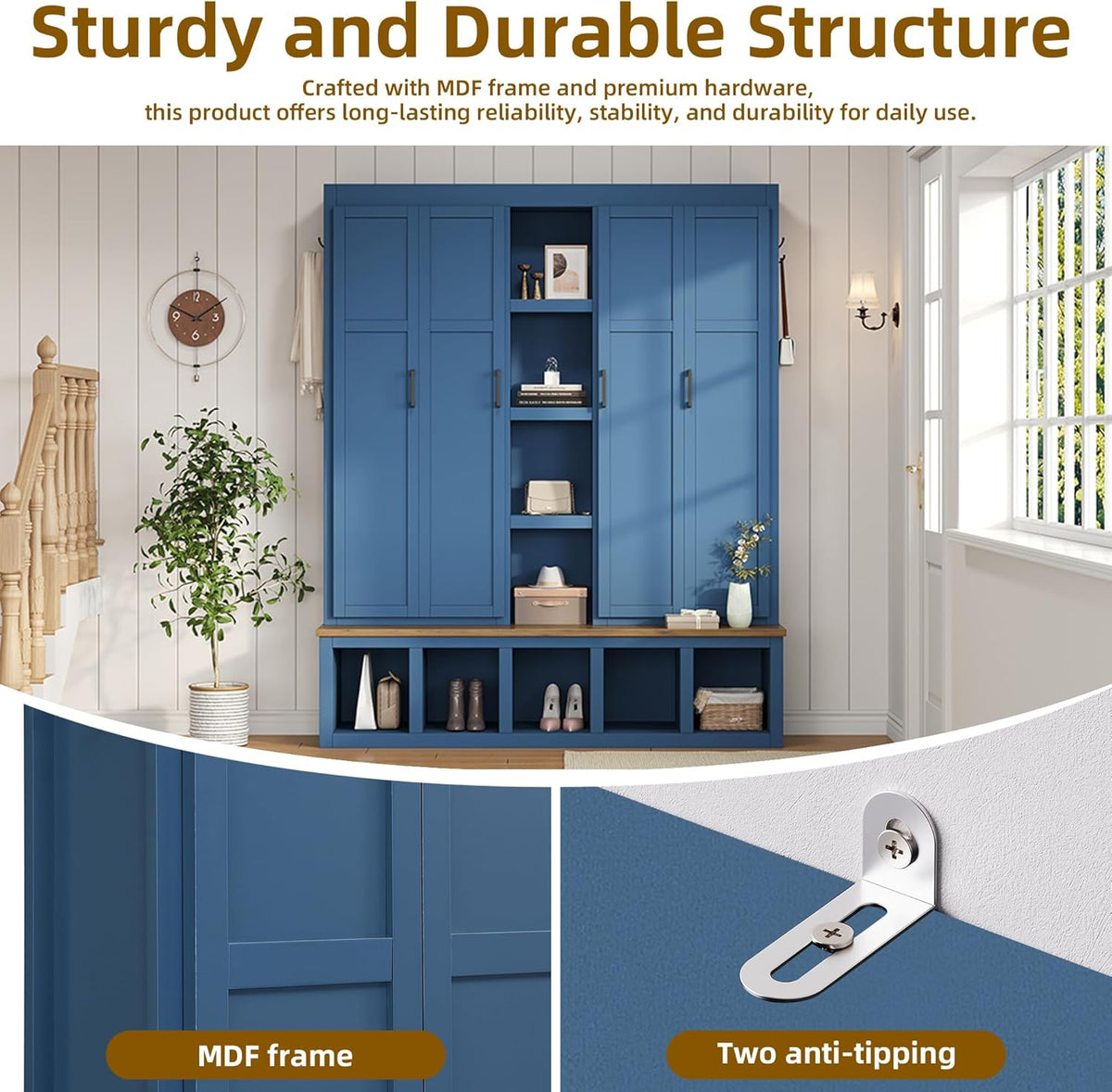 Bellemave Farmhouse 4-in-1 Hall Tree with 6 Hooks & Shoe Storage - 62.9" Wide Entryway Cabinet with Seating Bench and Open Compartments for Mudroom, Hallway, Blue