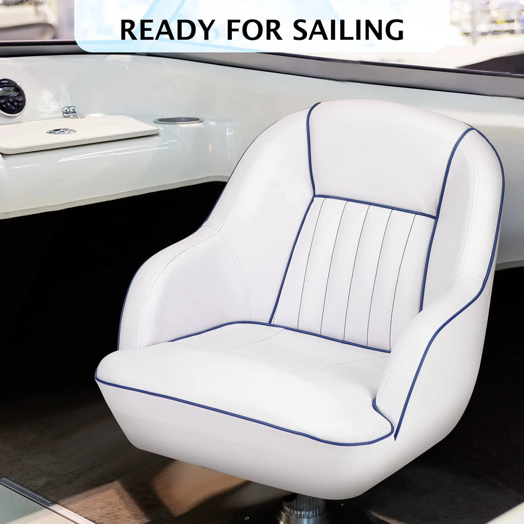 Pontoon Boat Seat, Captains Bucket Boat Seat, Back Folding Boat, Boat Cabin Seating – White & Blue