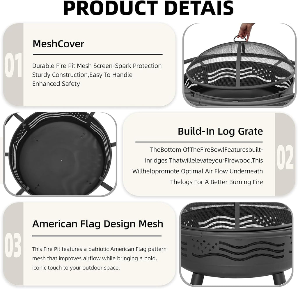 Breezz 32 Inch American Flag Fire Pit with Mesh Cover & Poker, Round Metal Wood Burning Outdoor Firepit for Patio, Garden, Backyard, Bonfire, Ideal for 4th of July, Memorial Day, Christmas