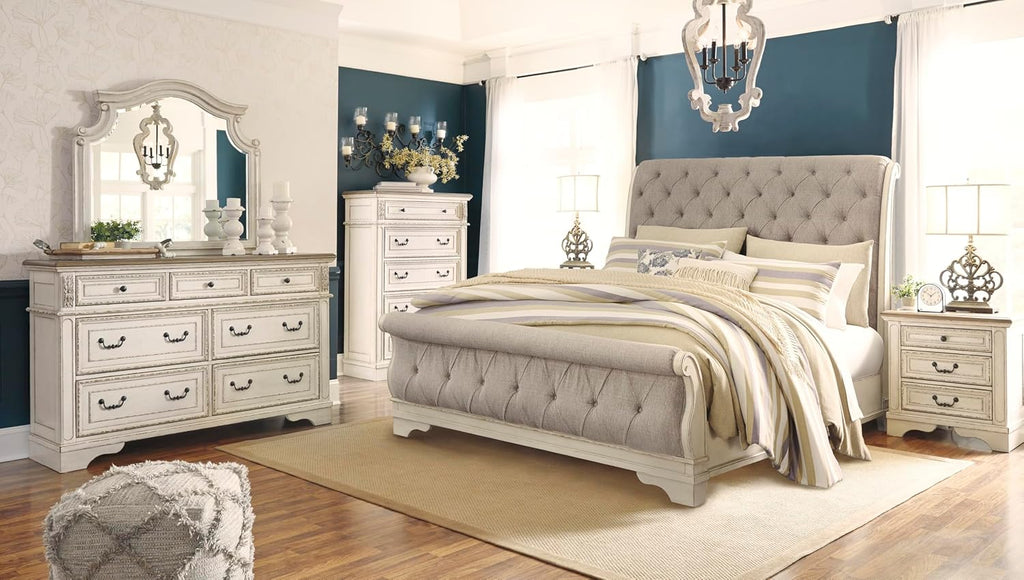 Signature Design by Ashley Realyn French Country 3 Drawer Nightstand with Electrical Outlets & USB Ports, 27.75" Tall, Chipped White