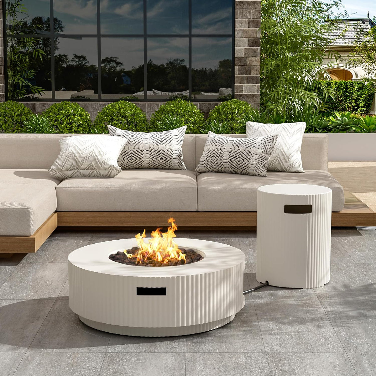 Christopher Knight Home Hearth Lightweight Concrete Tank Table, Outdoor Fire Pit and Tank Holder Set, 40000BTU Round Fire Pit, Concrete Propane Cover and Firepit, No Assembly Needed, White