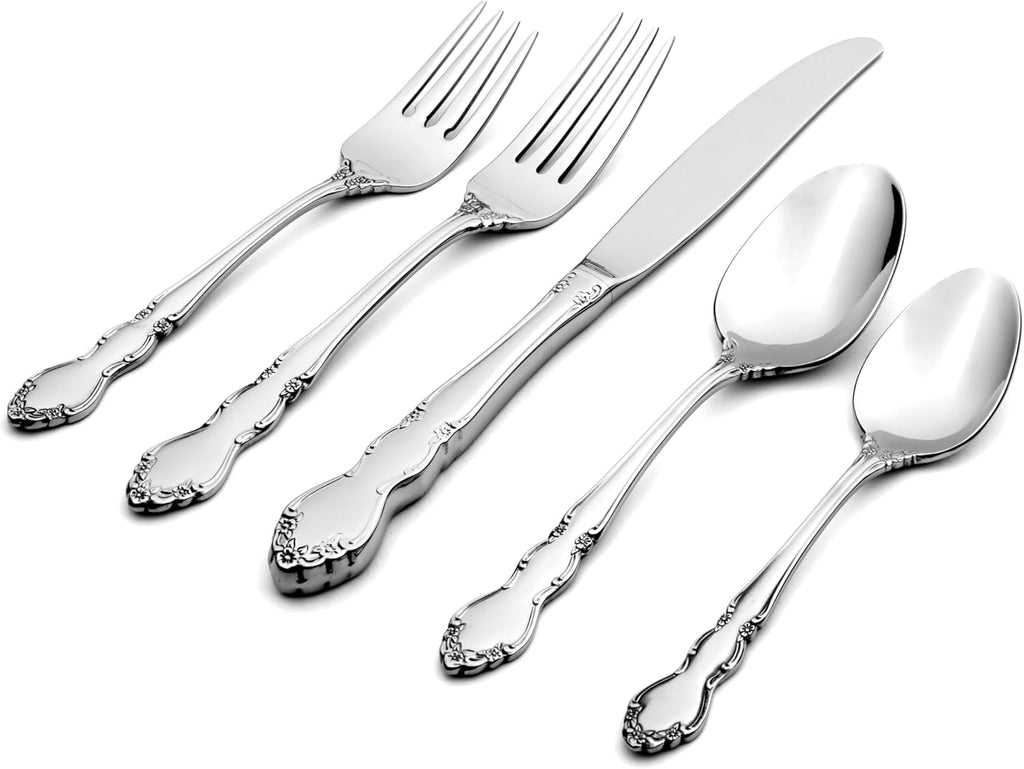 Oneida Silverware Set For 8, Dover 45-Piece Fine Flatware Set with Serving Utensils, Service For 8, 18/10 Stainless Steel, Ornate Pattern, Dishwasher Safe, Knives Spoons & Forks Set (Silver 45 Pieces)