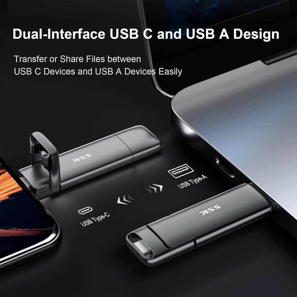 SSK 1TB USB Drive,External SSD Fast 550MB/s 2-in-1 Dual-Drive Type C+ A USB3.2 Gen2 Solid State ThumbDrive SSD-Stick for iPhone 15/16/PS4/Android Phone/Tablet/Windows/Mac