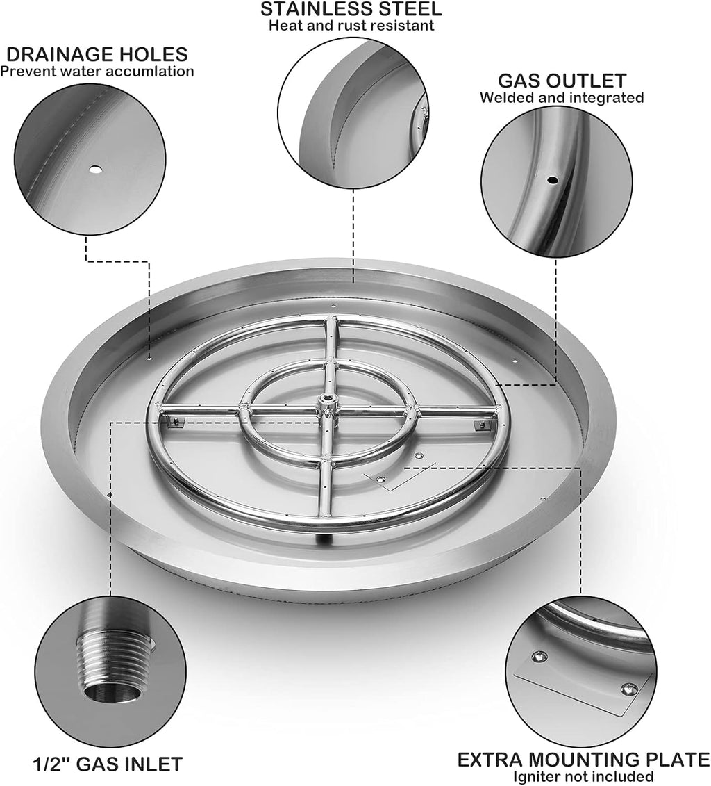 Stanbroil 31 Inch Drop-in Round Gas Fire Pit Kit with Spark Ignition Kit, 304 Stainless Steel Gas Firepit Burner Insert for DIY Fire Pit Table, Max 296,000 BTU - Natural Gas Version