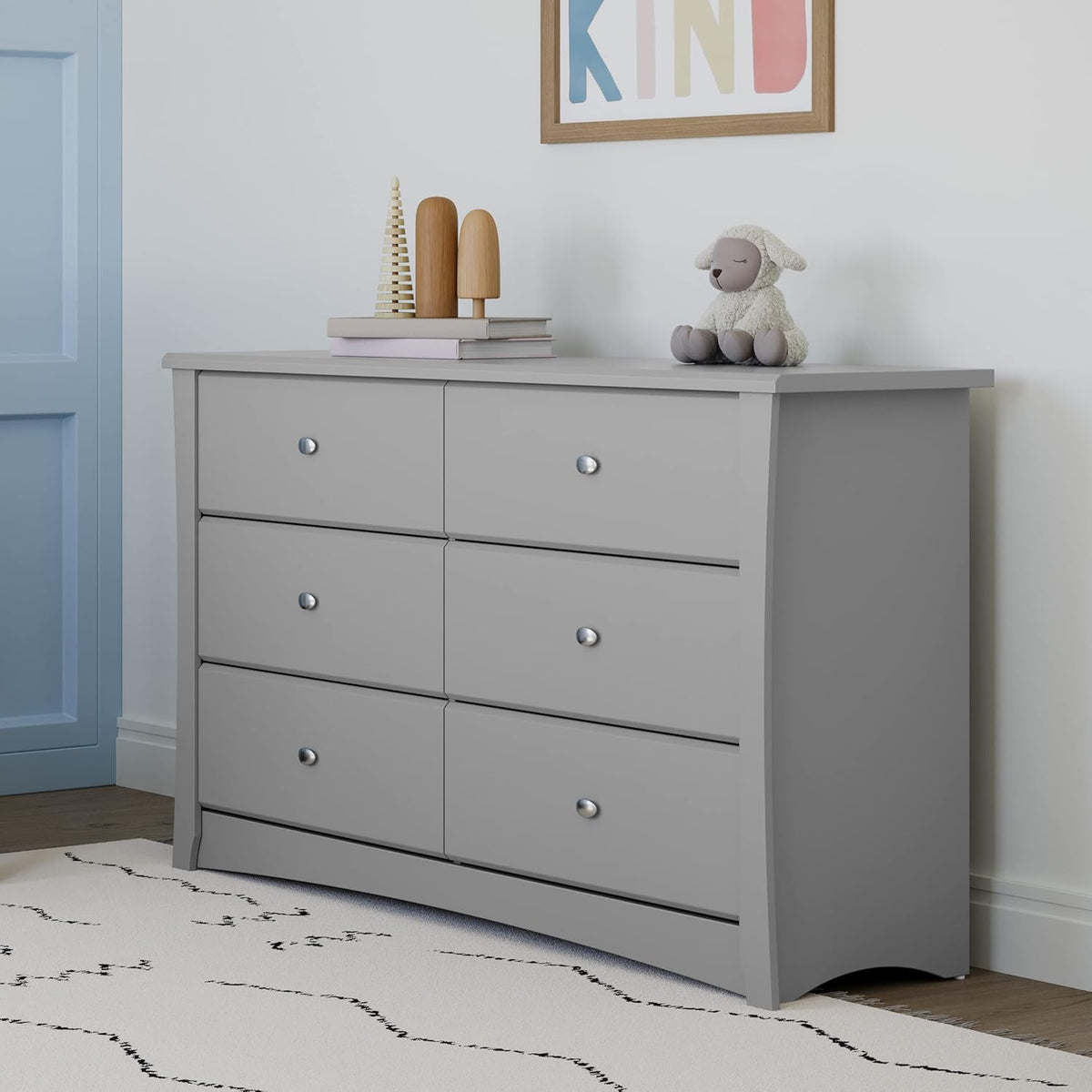 Storkcraft Crescent 6-Drawer Dresser (Pebble Gray) – GREENGUARD Gold Certified, Gray Dresser for Bedroom, Kids & Nursery Storage Chest, Safety Interlocking Drawers, Pre-Installed Tracks, Kids Chest