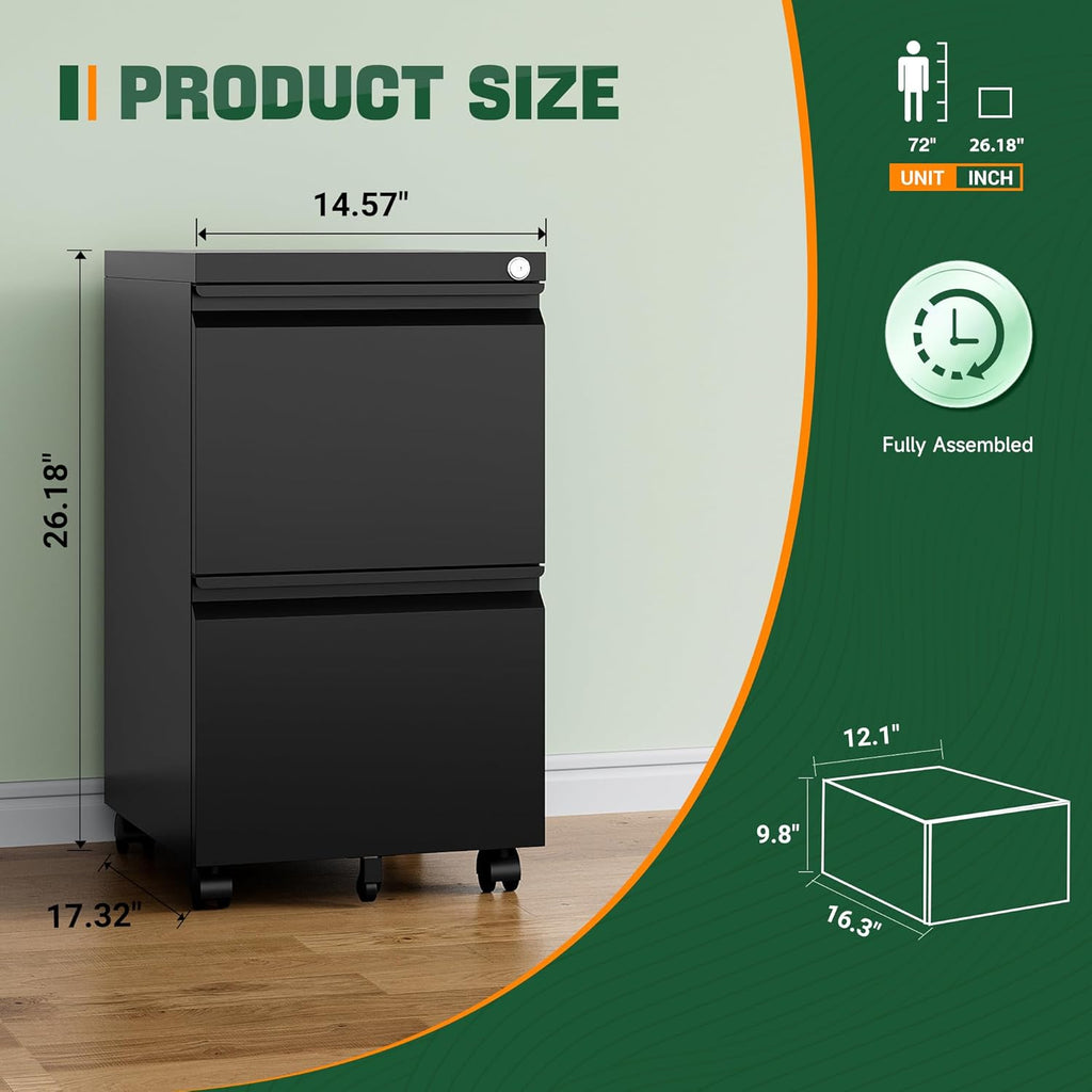 Letaya Mobile File Cabinet with Lock,2 Drawer Under Desk Metal Rolling Filing Cabinets for Home Office Organizer Letters/Legal/A4(Fully Assembled-Black)