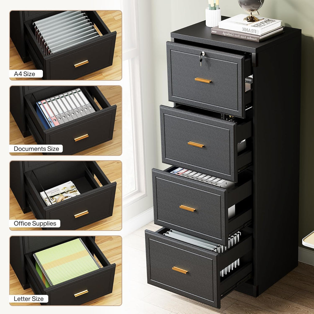 Tribesigns 4-Drawer File Cabinet with Lock, Locked File Cabinet with Key, Tall Wooden Filing Cabinets for Home Office, Vertical Office Storage for Legal Size/Letter/A4/Files, Black