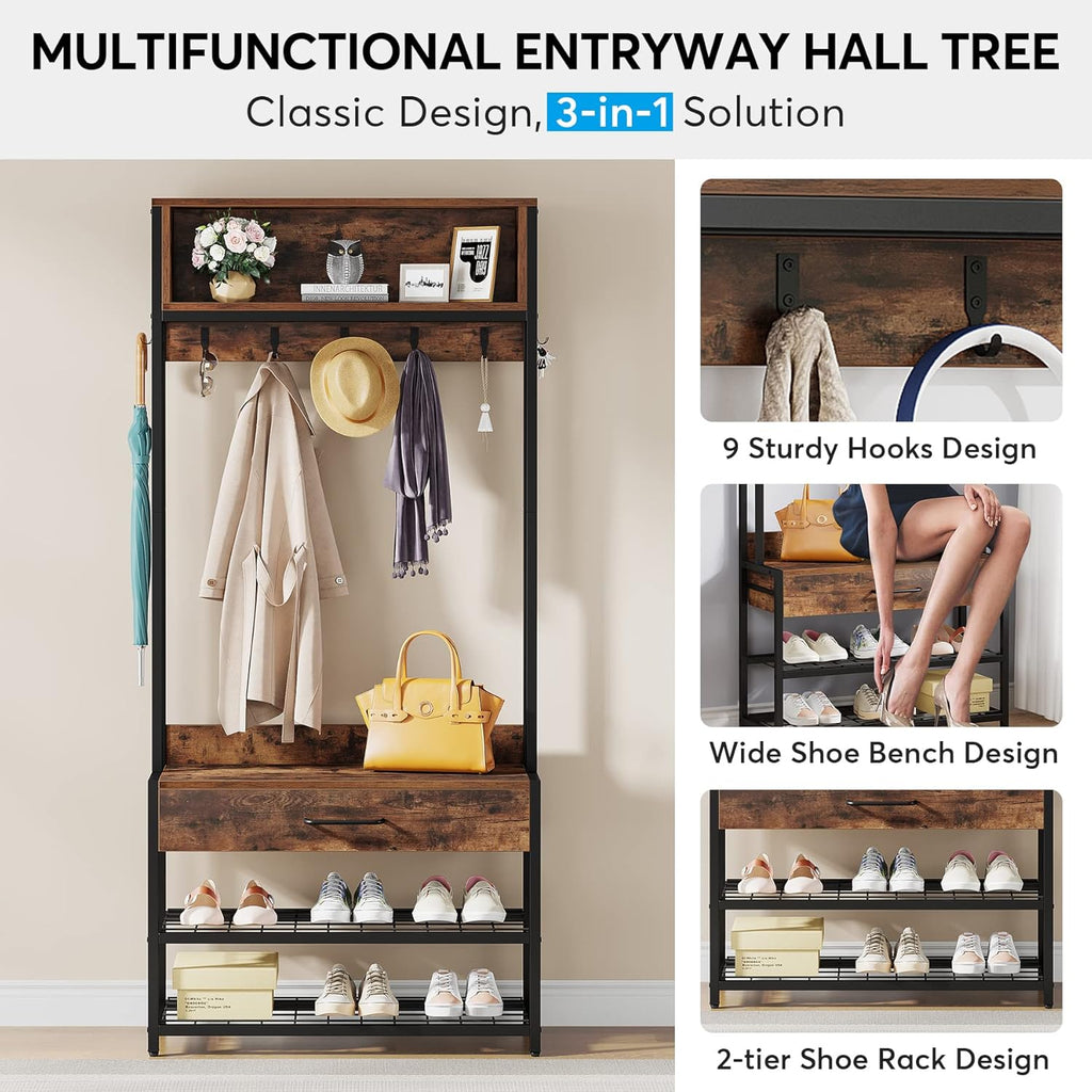 Tribesigns 3-in-1 Entryway Hall Tree with Drawer, Vintage Industrial Coat Rack with Shoe Bench and Hutch, Mudroom Bench with Shoe Storage Rack and 9 Hooks for Living Room Bedroom (Brown)