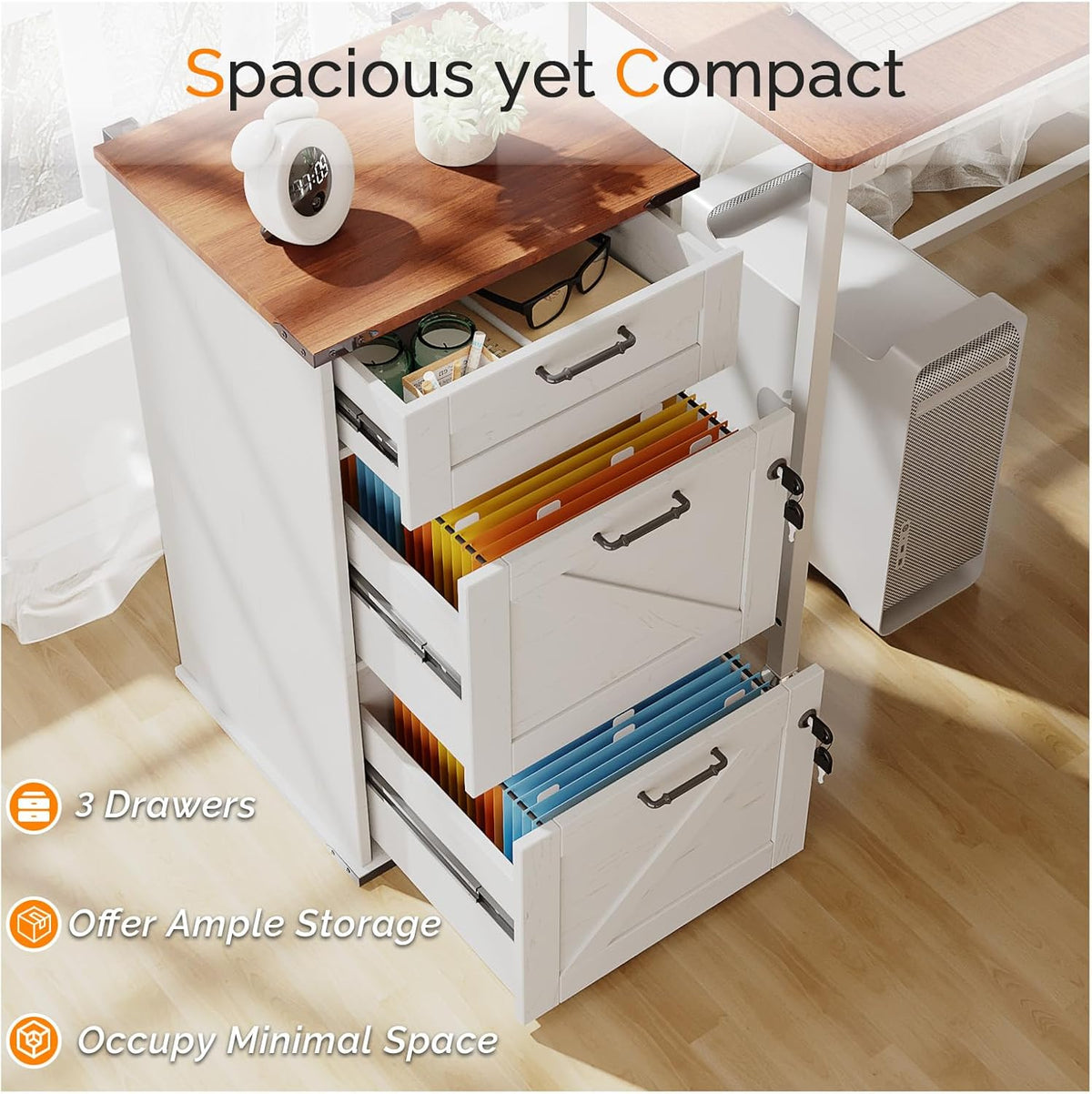 VINGLI 3 Drawer File Cabinet with Lock, Home Office Filing Organizer, for Letter Size File Folder Storage, Modern Farmhouse Style, Wood Vertical Filing Cabinet, Archivador (Rustic White & Brown)