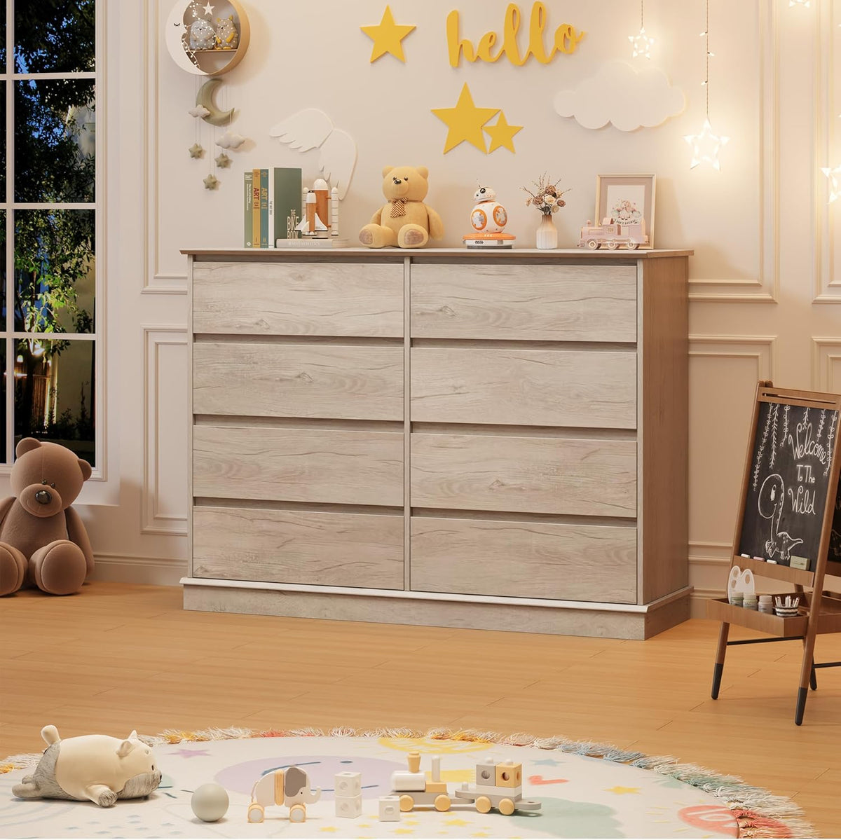 IDEALHOUSE 8 Drawer Dresser, 51” Wide Storage Organizer Chest of Drawers for Bedroom Closet Entryway Hallway Living Room, Large Dressers with Top Surface, Vintage Oak