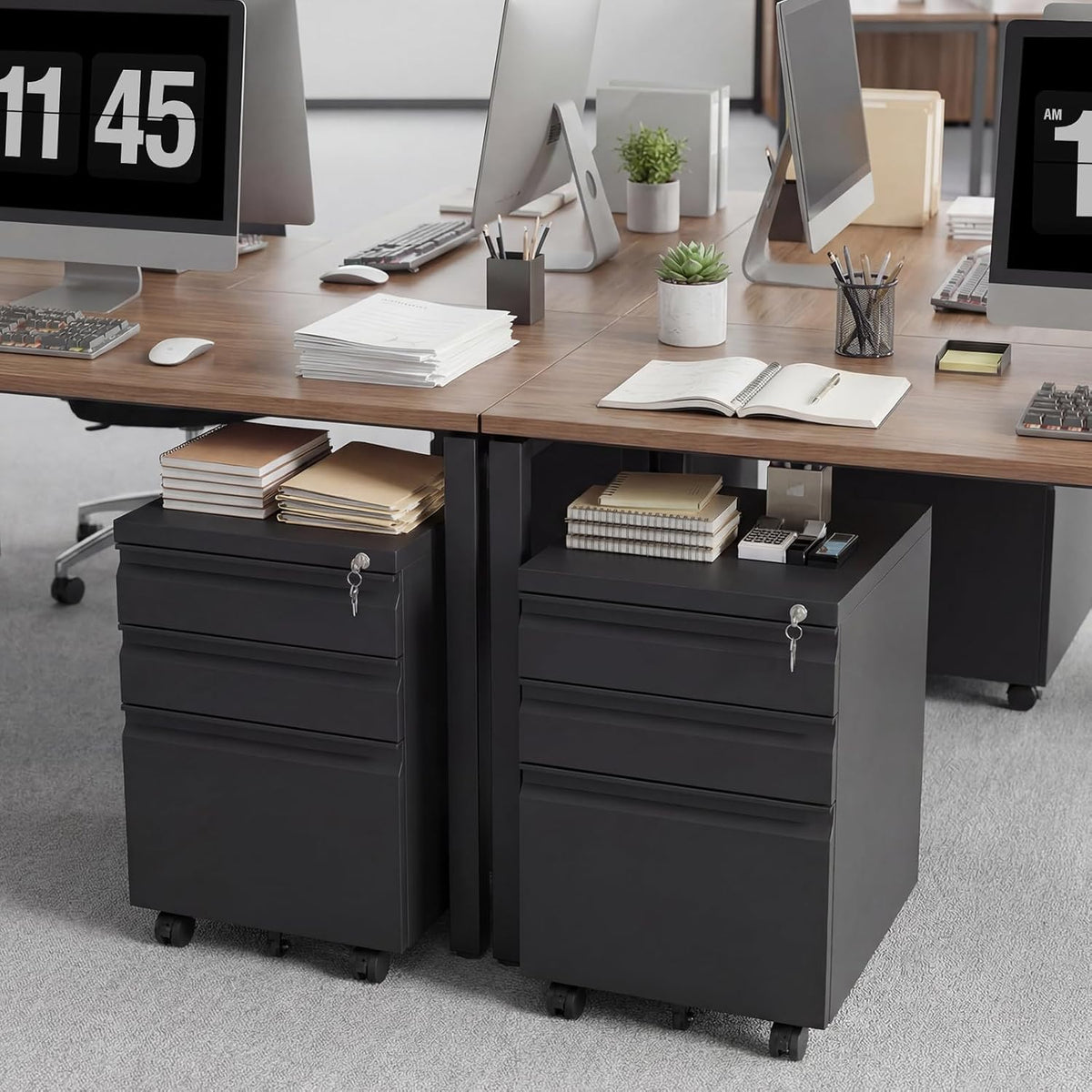 3 Drawer File Cabinet on Wheels,25.6" H Black Filing Cabinet with Lock,Under Desk Metal File Cabinet for Home Office Organizer Letters/Legal/A4(Fully Assembled)