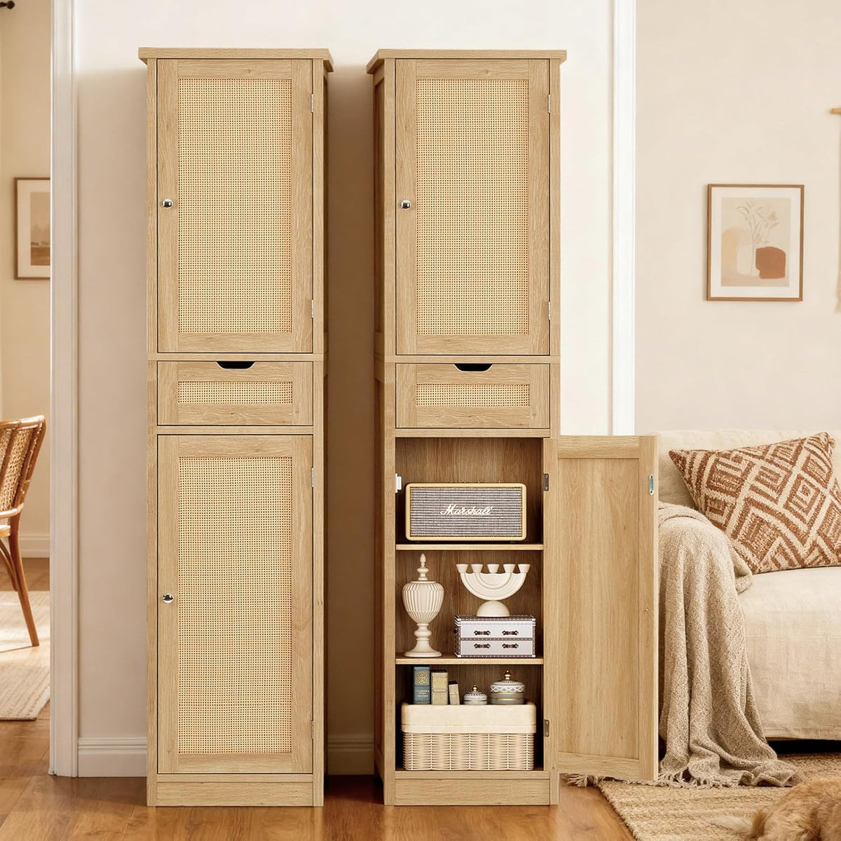 Iwell Tall Narrow Storage Cabinet with Doors, Rattan Cabinet with Adjustable Shelves, Freestanding Linen Storage for Living Room, Entryway, Kitchen, Bathroom, Natural