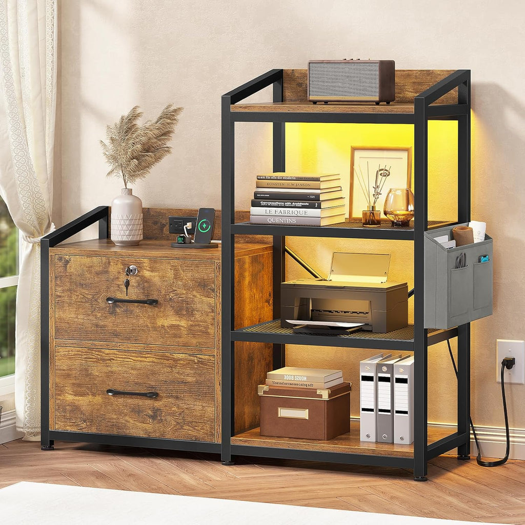 SEDETA 35.4” File Cabinet, Filing Cabinet fits Letter/A4 Size, 2 Drawe File Cabinets for Home Office with Power Strip, LED Lights, Lock, Open Shelf, Rustic Brown