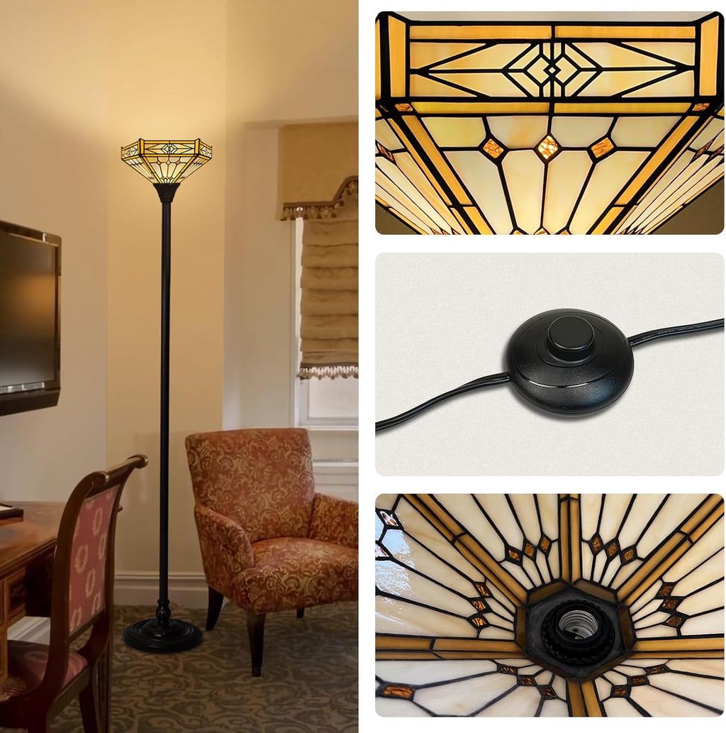 Capulina Tiffany Lamp Stained Glass Torchiere Floor Lamp 70 Inches Tall Industrial Bronze Pole Cream Hexagon Tiffany Style Standing Floor Lamp for Home Office Living Room Bedroom