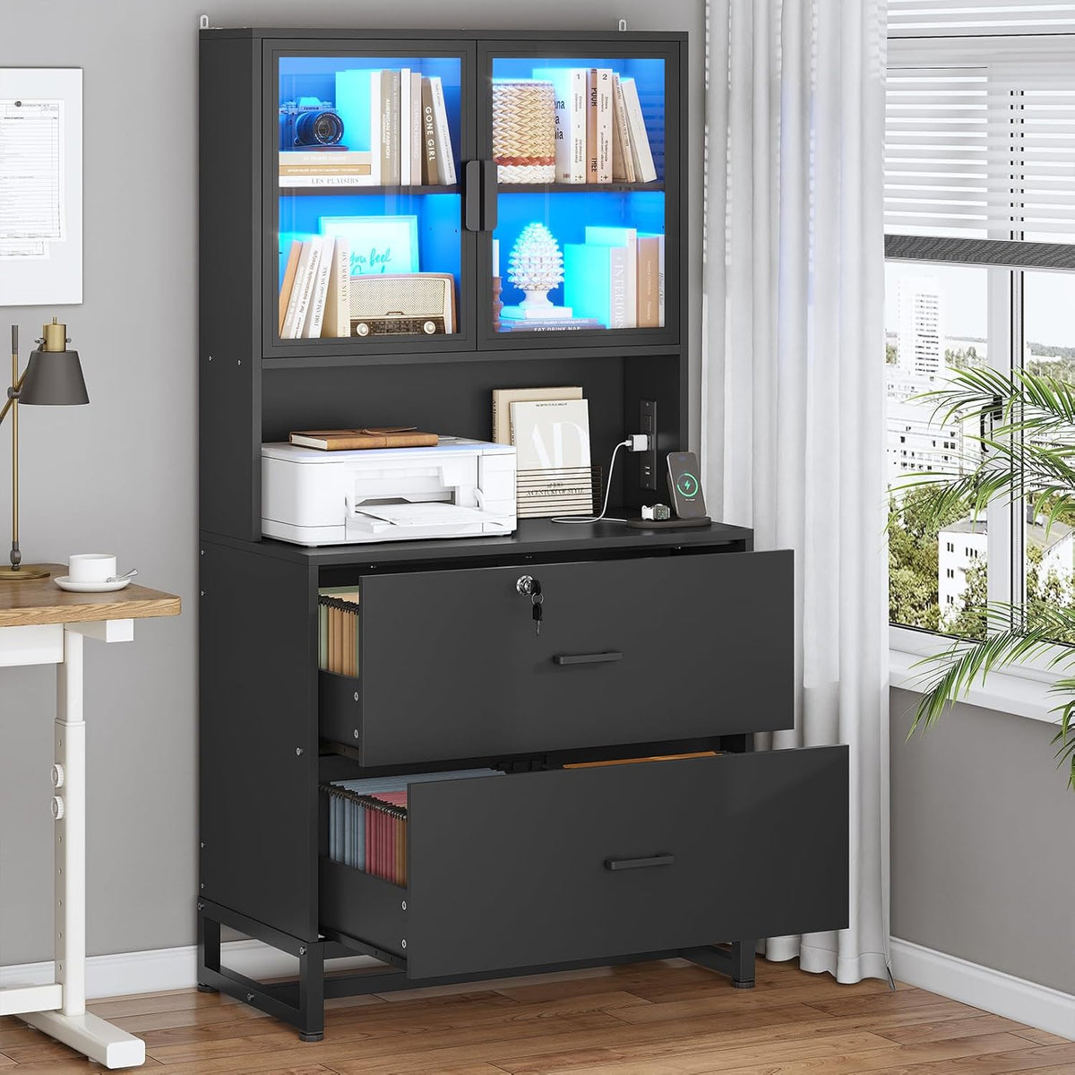 SEDETA 2 Drawer File Cabinet with Lock & Charging Station, Filing Cabinet Fits Letter, Legal, A4 Size, Wood File Cabinets for Home Office with Bookshelf, Printer Stand with Storage Shelf, Black