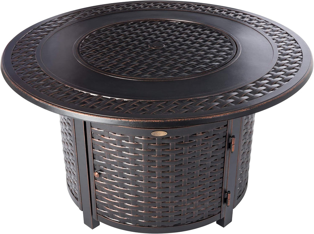 Fire Sense 62195 Bellante Woven Aluminum Convertible Gas Fire Pit Table 55,000 BTU Multi-Functional Outdoor with Fire Bowl Lid, Nylon Weather Cover & Clear Fire Glass - Bronze Finish - Round - 44"