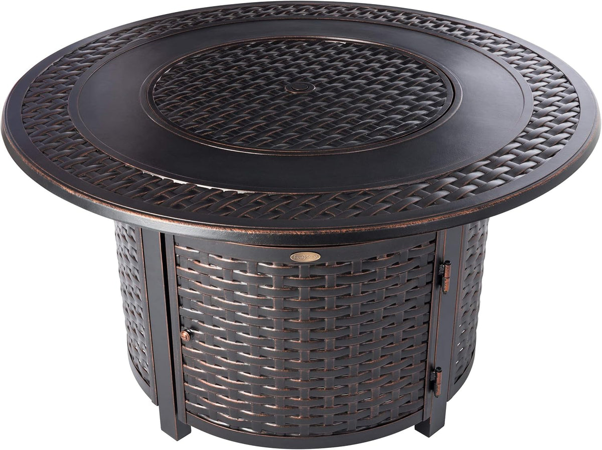 Fire Sense 62195 Bellante Woven Aluminum Convertible Gas Fire Pit Table 55,000 BTU Multi-Functional Outdoor with Fire Bowl Lid, Nylon Weather Cover & Clear Fire Glass - Bronze Finish - Round - 44"