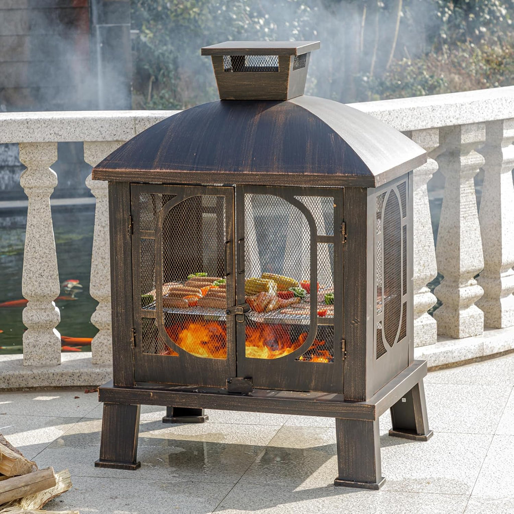 Panovue 45" H×31''W Metal Chiminea Fire Pit with Grill, Wood Burning Fire Pits for Outside,Square Chimineas Fireplace with Mesh Spark Screen Door& Fire Poker for Garden,Yard,BBQ,Bonfire (Black&Gold)