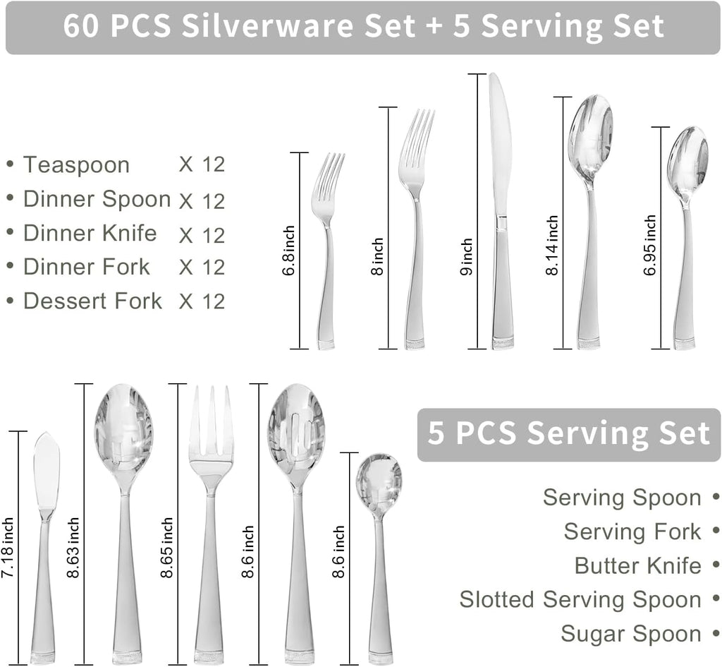 KINGSTONE Silverware Set, 65-Piece Flatware Set for 12, 18/10 Stainless Steel Cutlery Set with Bead Edge, Utensil for Kitchen, Home, Party, Wedding, Matte Silver, Dishwasher Safe, Featured Gifts