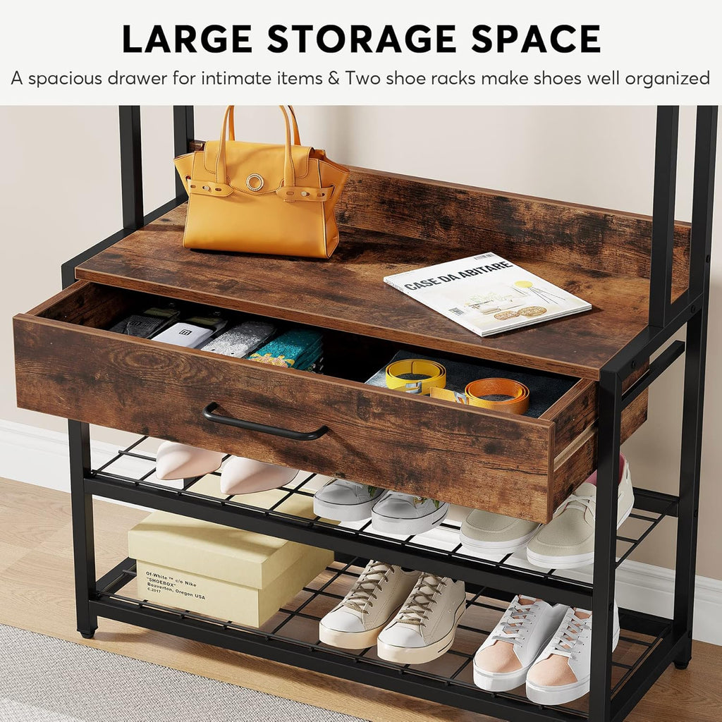Tribesigns 3-in-1 Entryway Hall Tree with Drawer, Vintage Industrial Coat Rack with Shoe Bench and Hutch, Mudroom Bench with Shoe Storage Rack and 9 Hooks for Living Room Bedroom (Brown)