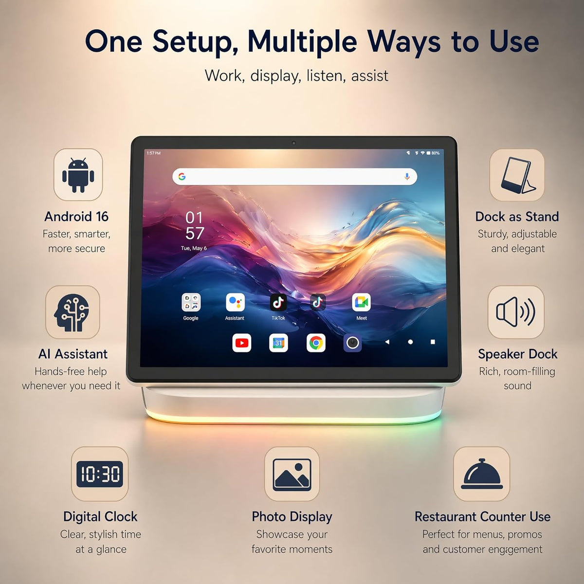 Jeazans 2026 Upgraded Android 16 Tablet with 64GB+1TB Expand, 10.1 inch Tablet with 8-Core, Dock Station, Gemini Ai, WiFi 6, Bluetooth 5.4, 3-Year Protection, Tablet for Students, Kids& Adults