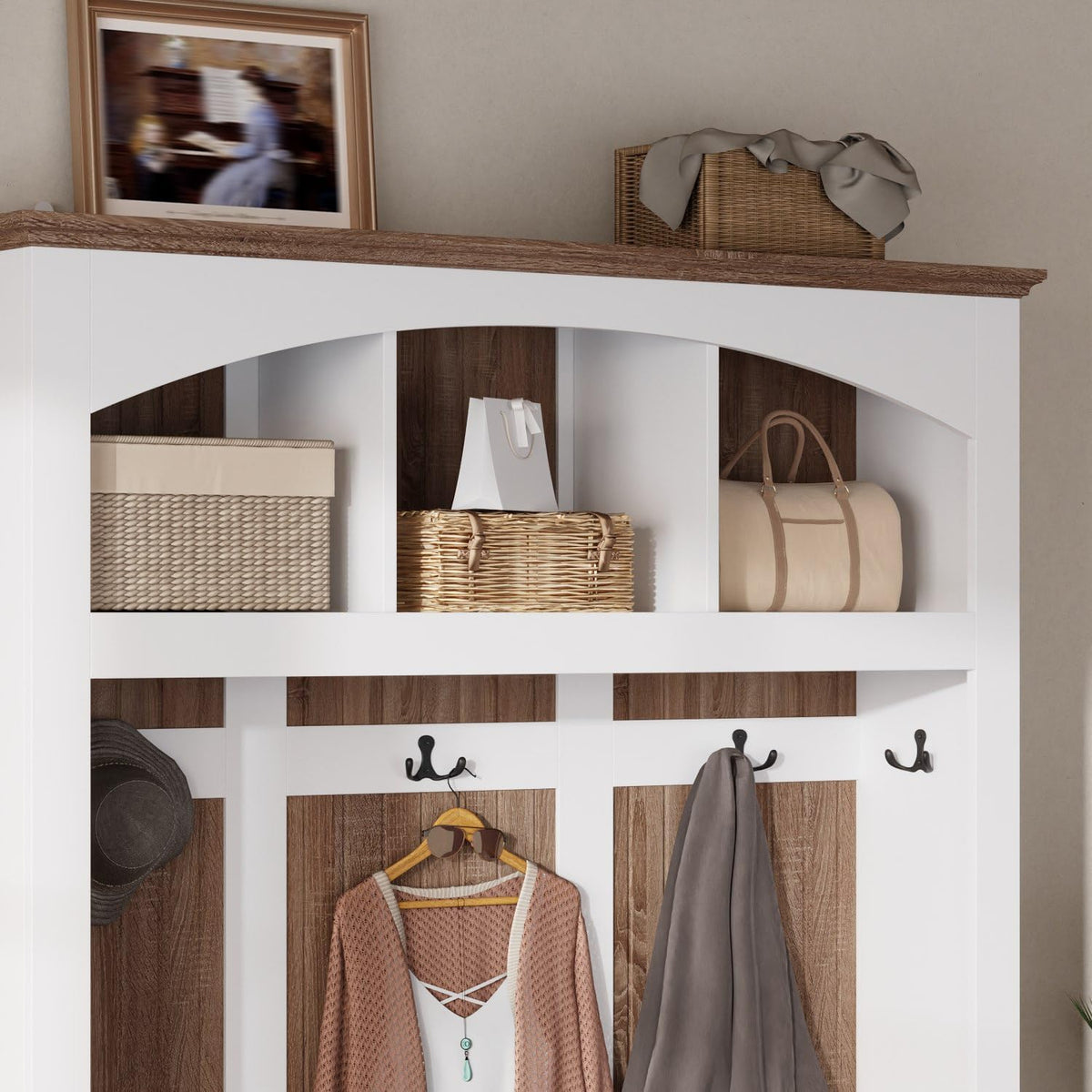 66.9" Tall Hall Tree with Bench and Shoe Storage, Modern Entryway Mudroom Furniture with Coat Rack and 2 Rattan Baskets, White and Oak Home Organizer with 5 Hooks for Foyer