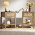 SICOTAS Rattan Nightstand Set of 2, Rattan Decor Drawer with Brass Knobs Night Stand Bedside Table Boho End Tables Side Tables with Storage Shelf for Bedroom,Small Space