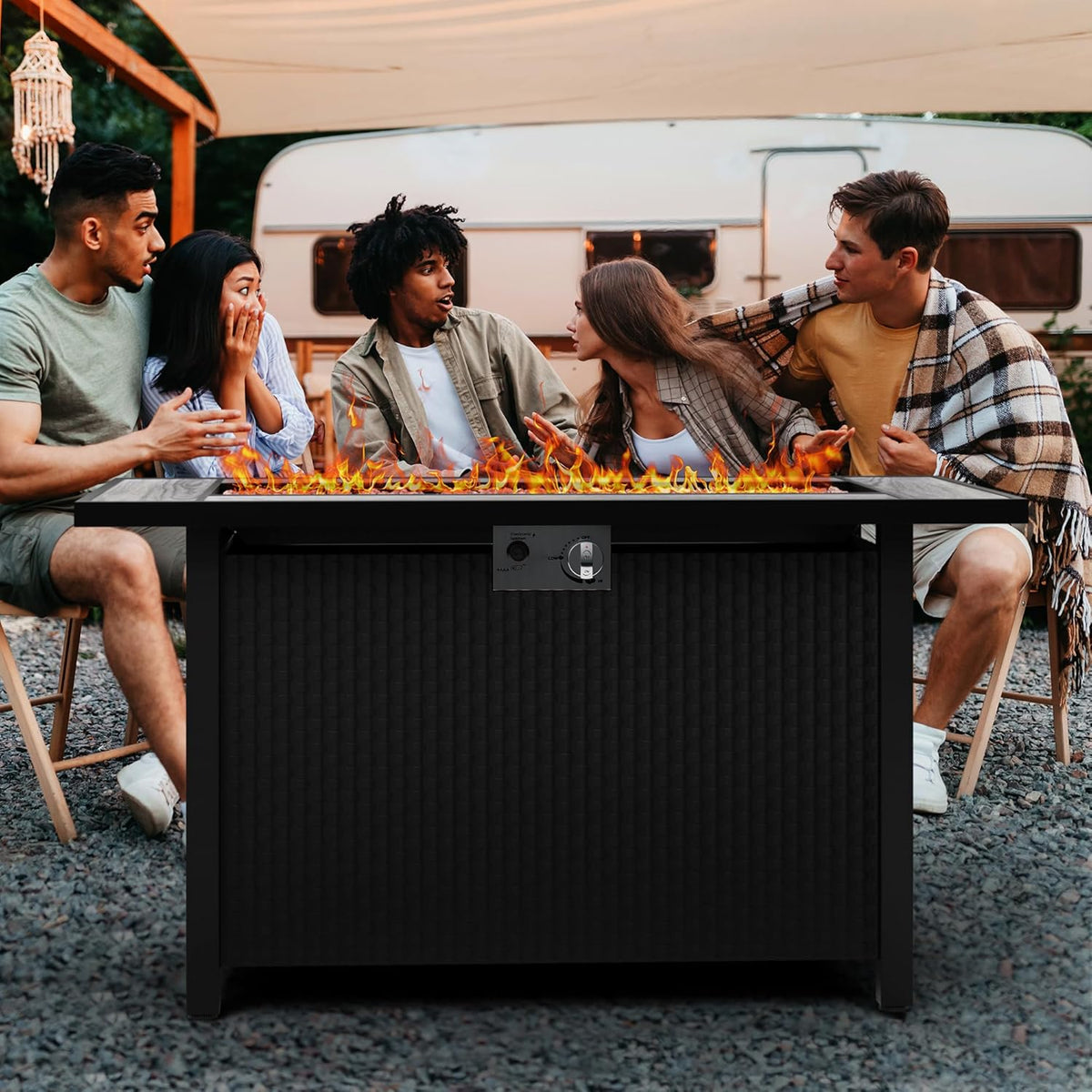 44 inch Propane Fire Pit Table, 50,000 BTU Outdoor Gas Fire Pit Table with Lid, Waterproof Cover, Rectangle Gas Firepit Table for Garden/Patio