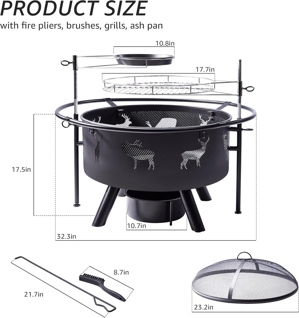 NATURAL EXPRESSIONS 32 Inch Large Fire Pit with 2 Grills, Outdoor Wood Burning Fire Pit with Cooking Grate, Lid, Poker and Round Waterproof Cover for Patio, Ourside, Bonfires, Picnic, Party.