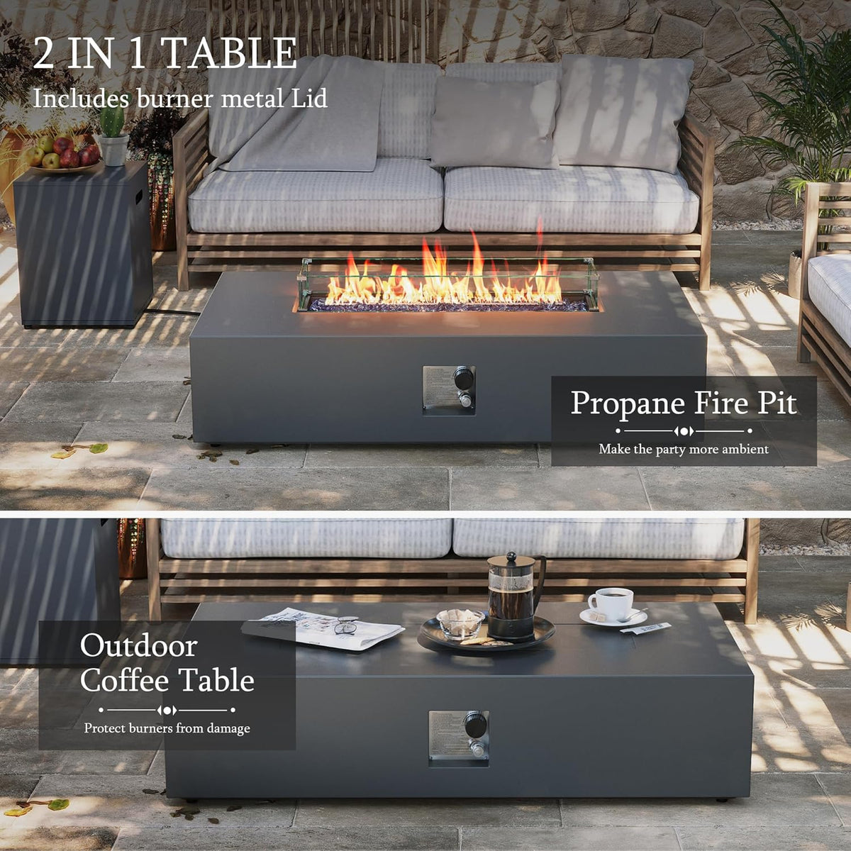 UPHA 56-inch Outdoor Propane Gas Fire Pit Table 50000 BTU Iron Rectangle Firepit for Outside Patio with Tank Hidden Table, Wind Guard, Removable Lid, Blue Glass Rocks, Rain Cover, Grey