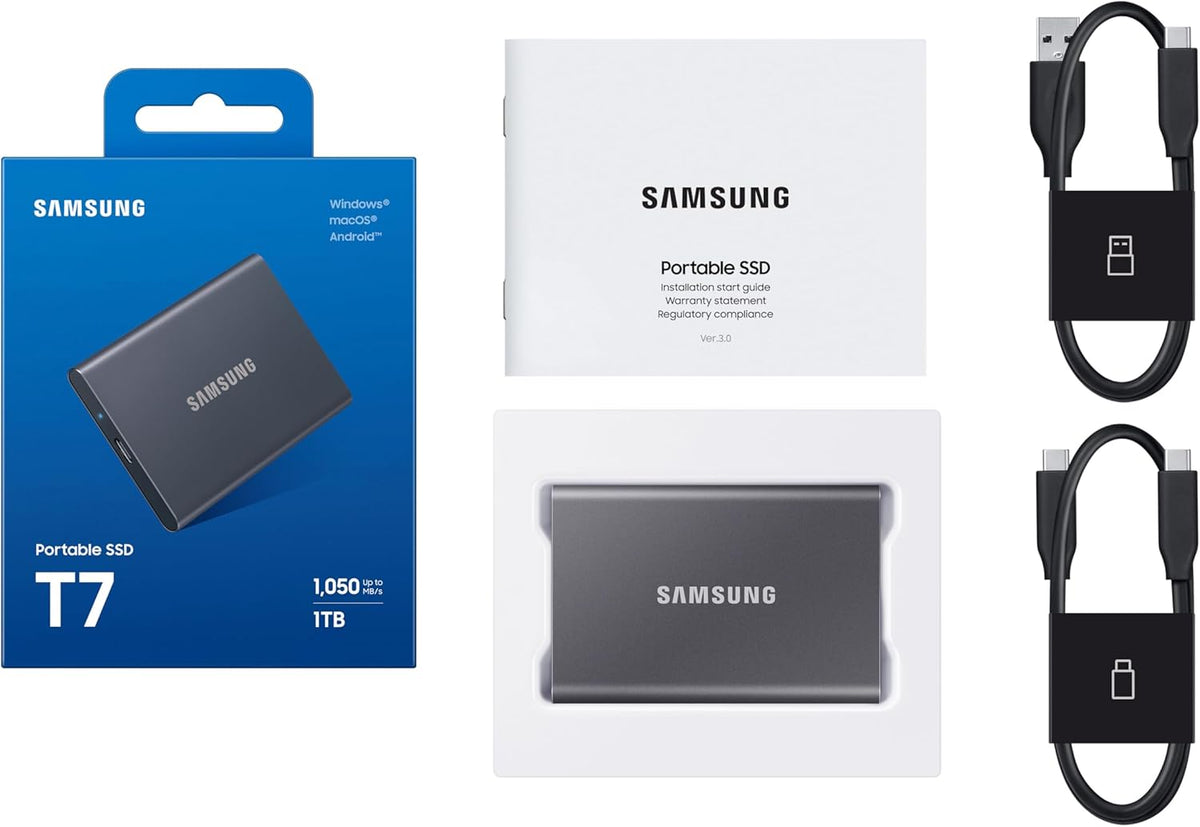 Samsung T7 Portable SSD, 1TB External Solid State Drive, Speeds Up to 1,050MB/s, USB 3.2 Gen 2, Reliable Storage for Gaming, Students, Professionals, MU-PC1T0T/AM, Gray