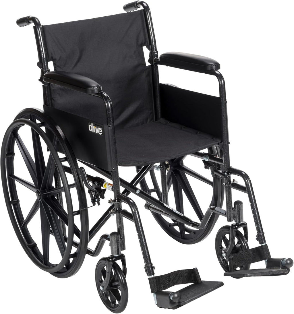 Drive Medical Silver Sport 1 Folding Transport Wheelchair - Lightweight Mobility Support - Full Armrests - Removable Swing-Away Footrests - Durable Steel Construction - Compact Folding Frame - Black