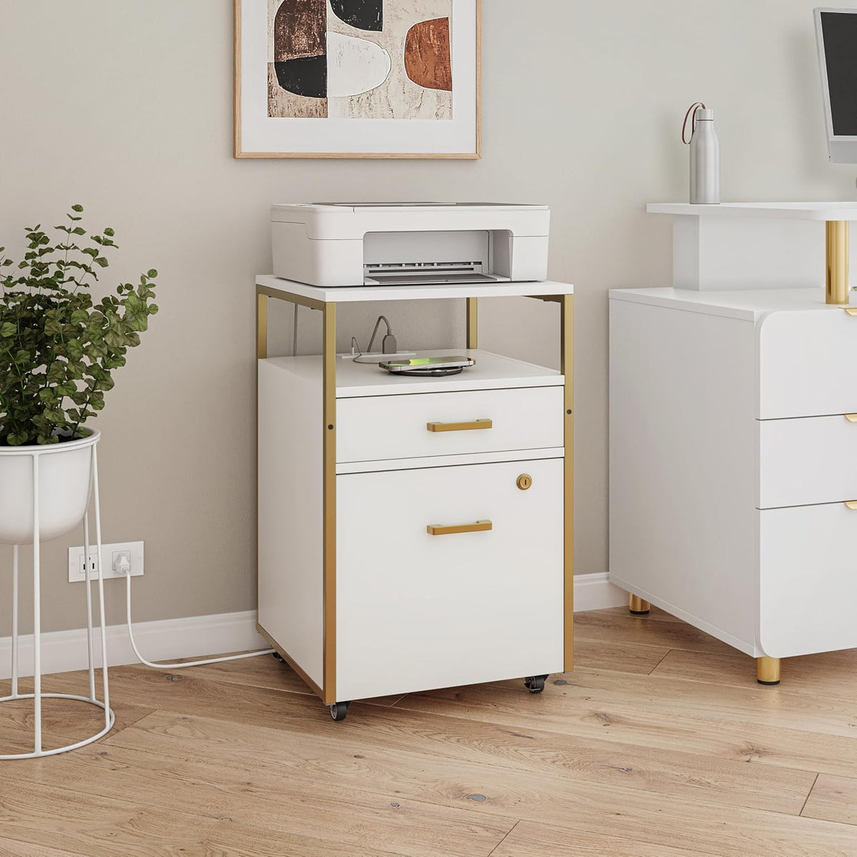 Modern 2-Drawer Rolling File Cabinet with Lock, 2 USB Ports and Power Outlet for Device Charging, Portable File Organizer or Printer Stand for Office or Home with Locking Wheels, White & Gold