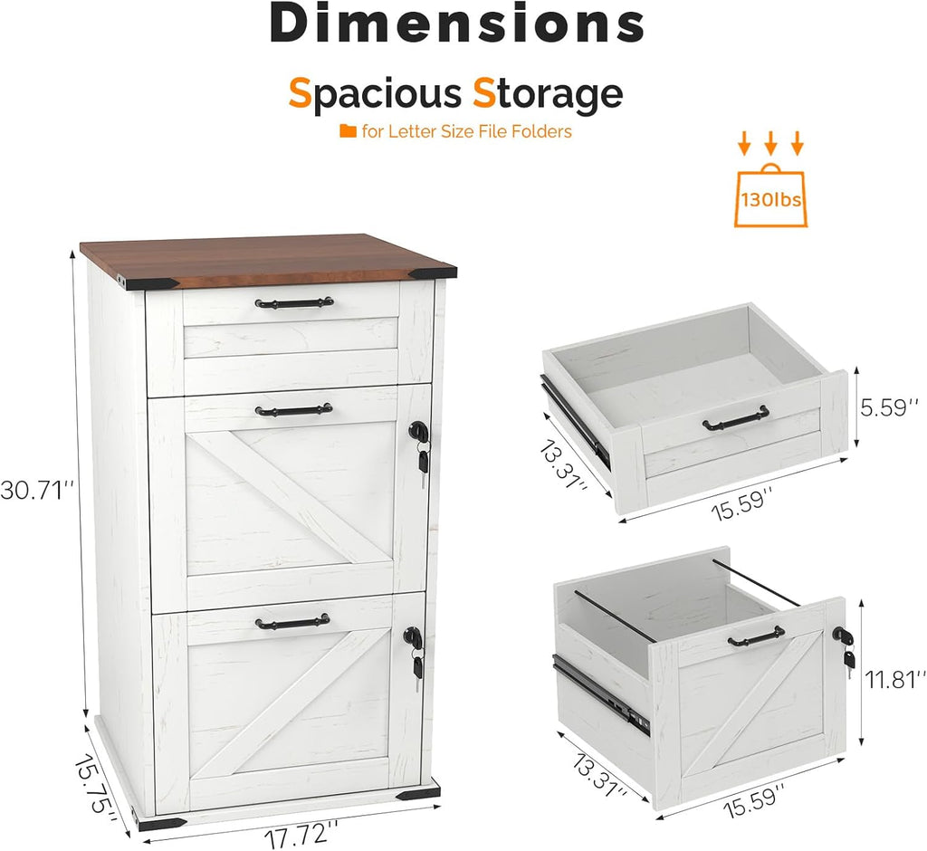 VINGLI 3 Drawer File Cabinet with Lock, Home Office Filing Organizer, for Letter Size File Folder Storage, Modern Farmhouse Style, Wood Vertical Filing Cabinet, Archivador (Rustic White & Brown)