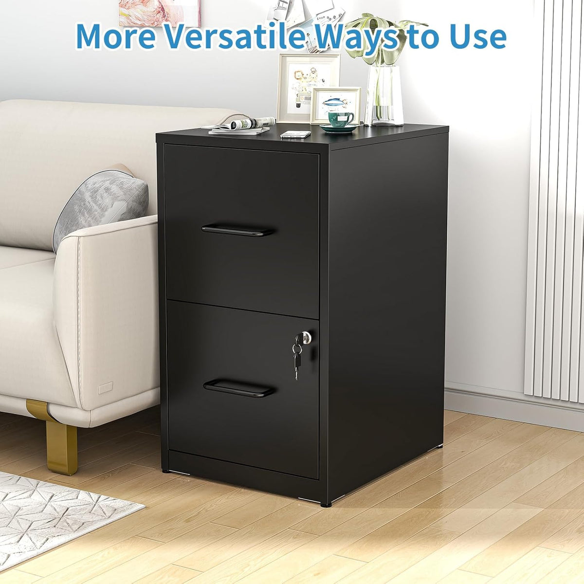 2 Drawer File Cabinet with Lock, Metal Vertical File Cabinets for Home Office, Office Furniture for Organization Hanging Legal/Letter/A4, Office File Cabinet Storage Cabinet, Require Assembly, Black