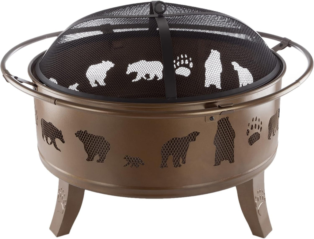 Pure Garden 50-LG1202 32” Outdoor Deep Fire Pit-Round Large Steel Bowl with Bear Cutouts, Mesh Spark Screen, Log Poker & Storage Cover-Patio Wood Burning, Antique Gold
