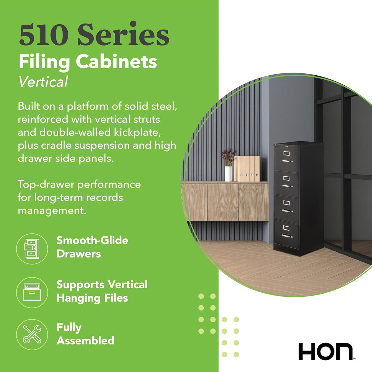 HON 4 Drawer Vertical File Cabinet with Lock, Metal Filing Cabinets with 4-Drawers for Hanging Files and Letter Files, 25" Deep, Black