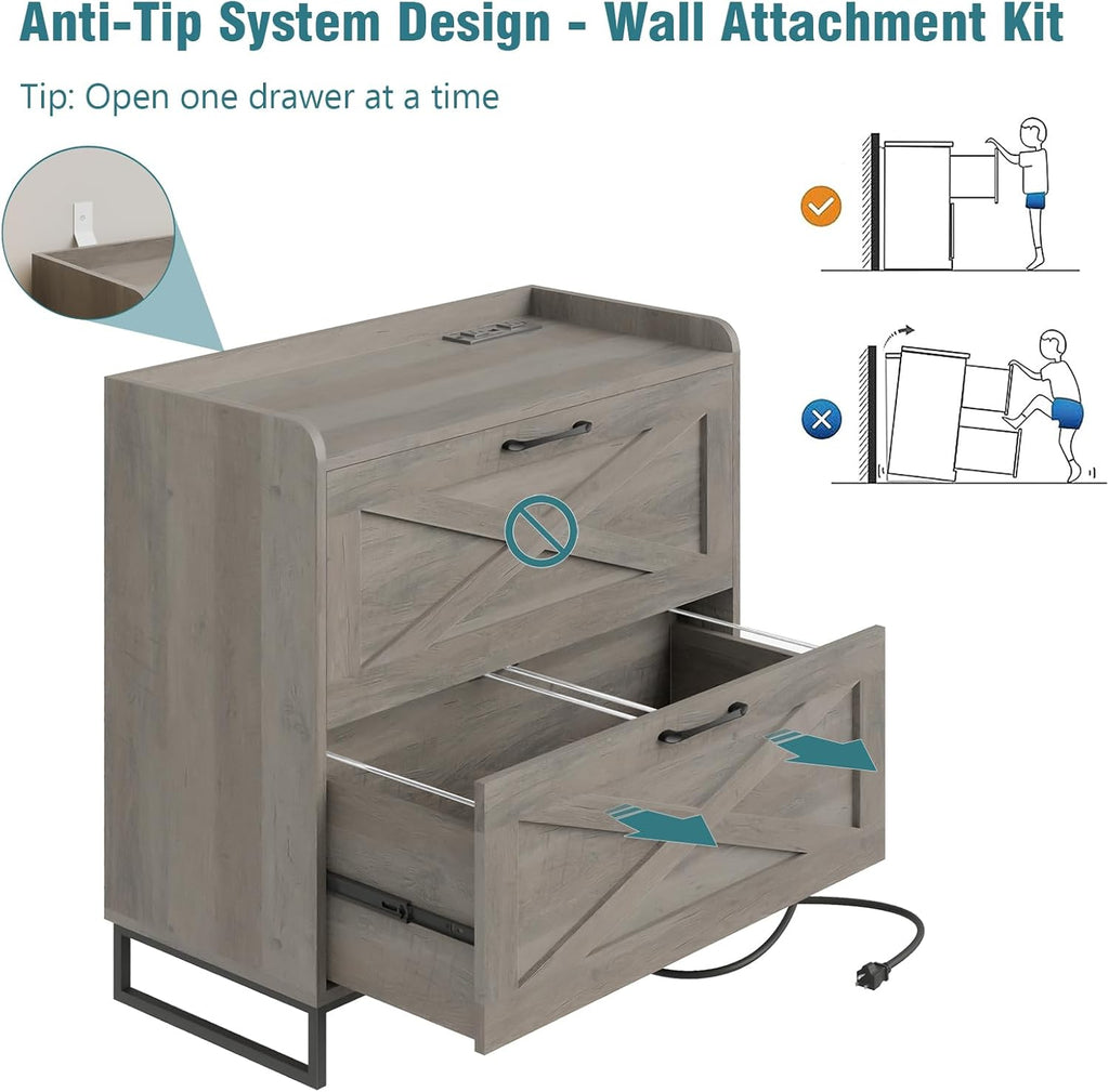 Lateral File Cabinet 2 Drawer File Cabinet with Charging Station for Legal/Letter/A4 Size Hanging Files, Modern Farmhouse Large Wood File Storage Cabinet for Home Office Furniture(Washed Gray)