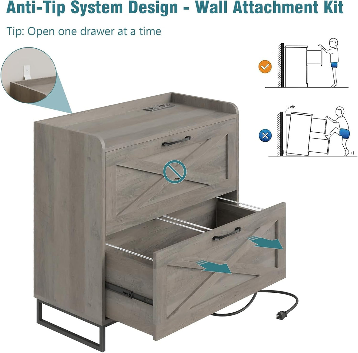 Lateral File Cabinet 2 Drawer File Cabinet with Charging Station for Legal/Letter/A4 Size Hanging Files, Modern Farmhouse Large Wood File Storage Cabinet for Home Office Furniture(Washed Gray)