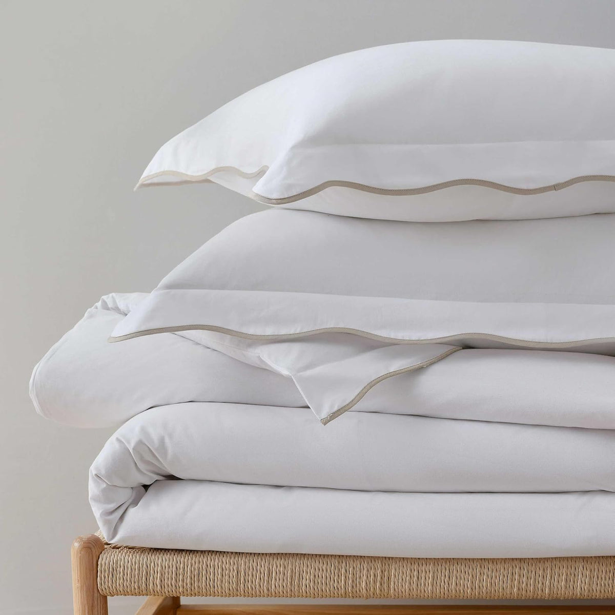 Martha Stewart - King Duvet Cover Set, 100% Soft Cotton Bed Set with a Smooth Cotton Percale Reverse, 3 Piece Bedding with Matching Pillowcases (Simple Scallop Beige)