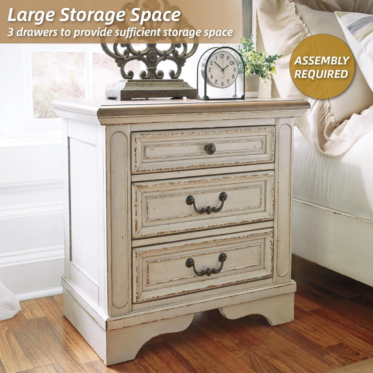 Signature Design by Ashley Realyn French Country 3 Drawer Nightstand with Electrical Outlets & USB Ports, 27.75" Tall, Chipped White