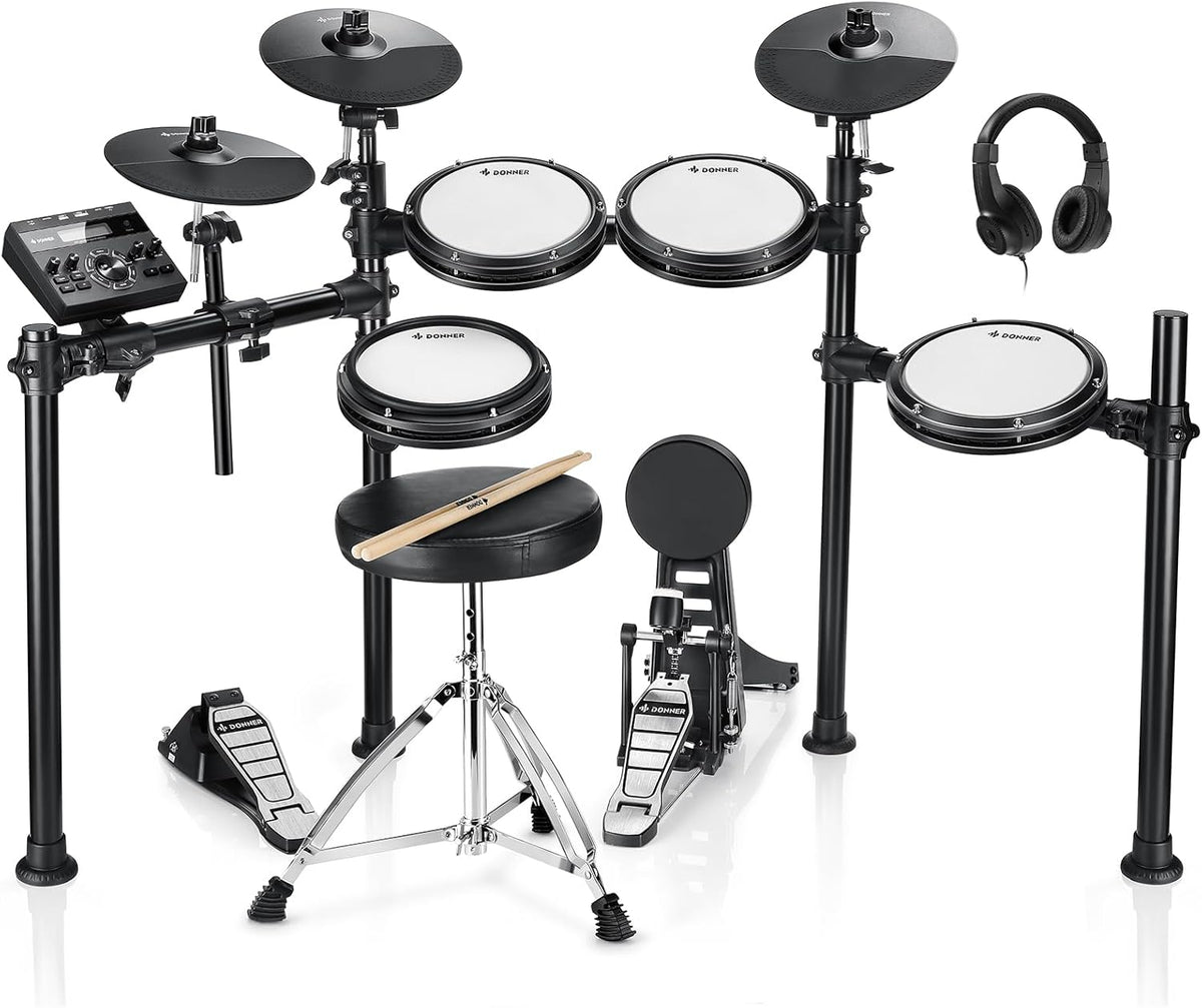 Donner DED-200 Electric Drum Sets with Quiet Mesh Drum Pads, 2 Cymbals w/Choke, 31 Kits and 450+ Sounds, Throne, Headphones, Sticks, USB MIDI, Melodics Lessons (5 Pads, 3 Cymbals)