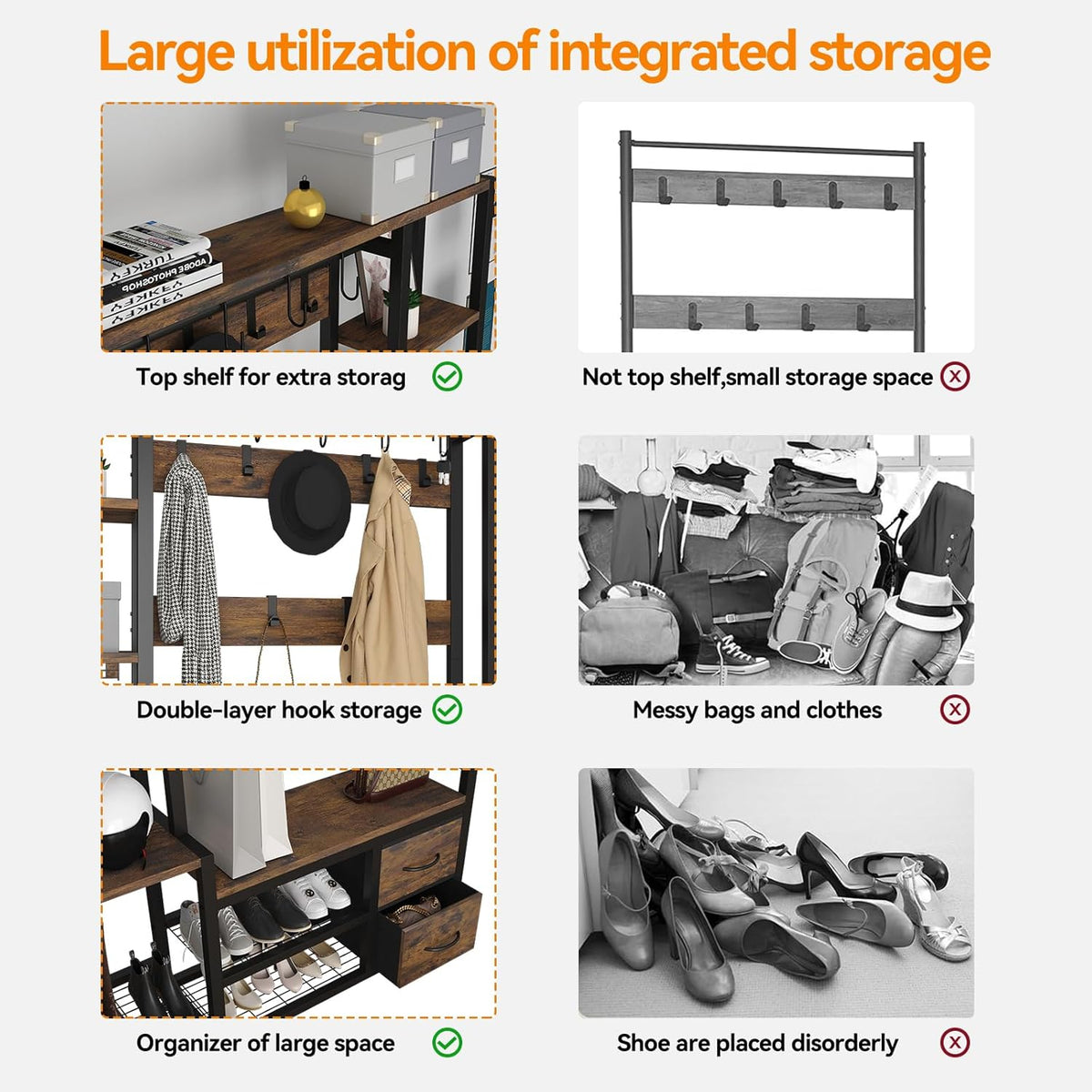 Hall Tree for Entryway 43", Bench with Shoe Storage, Large Coat Rack Shoe Bench with 5 Tier Shelves, 5 in 1 Design Front Door Shoe Rack and Wall Rack Hooks, and 2 Drawers (Rustic Brown)