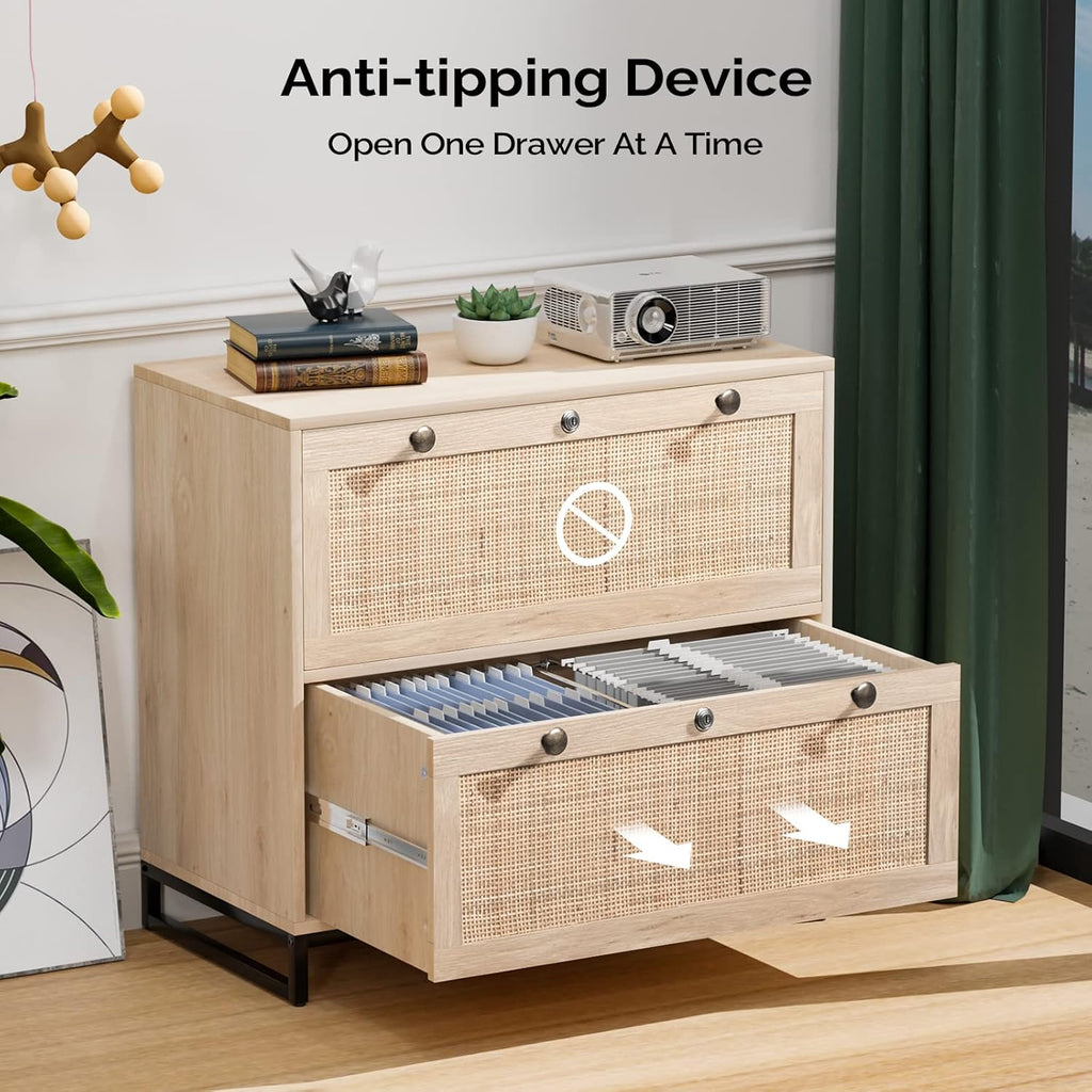 VINGLI Wood Rattan 2-Drawer Lateral File Cabinet with Lock for Home Office, Lockable Filing Cabinet with Rustic Metal Handles for Hanging Letter/A4/Legal Size Labeled Folders, Oak, 30W x 16D x 28H