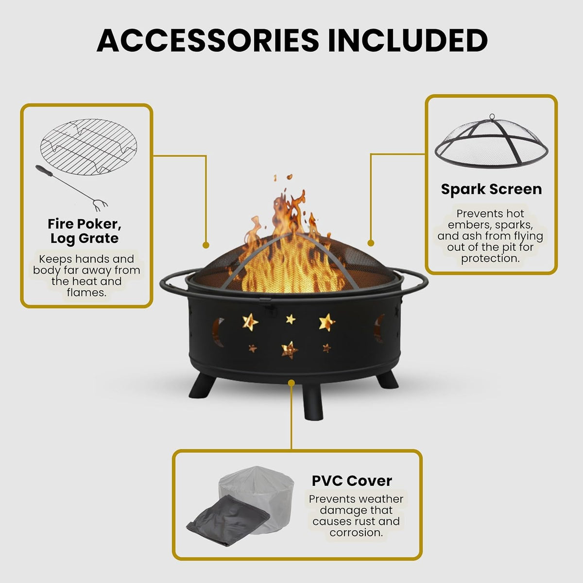 Fire Pit - 32-Inch Outdoor Wood Burning Firepit with Screen, Poker, and Cover - Outdoor Fire Pits for Backyard, Deck, or Patio by Pure Garden (Black)