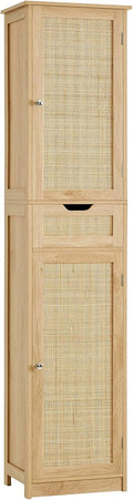 Iwell Tall Narrow Storage Cabinet with Doors, Rattan Cabinet with Adjustable Shelves, Freestanding Linen Storage for Living Room, Entryway, Kitchen, Bathroom, Natural