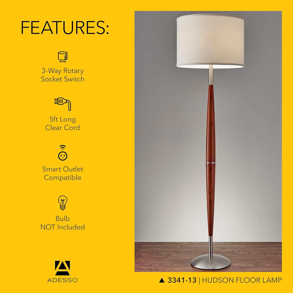 Adesso Hudson Floor Lamp - Adjustable Brightness, Perfect Lighting for Bedroom, Living Room and Corner Decor, Maple Eucalyptus Wood & Satin Steel Accents, Soft/White Lampshade