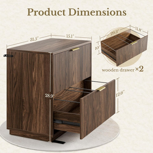 2 Drawer Fluted File Cabinet, 32'' Lateral File Cabinet for Legal/Letter/A4/F4 Size Hanging Files, Wood File Storage for Home Office, Black Walnut