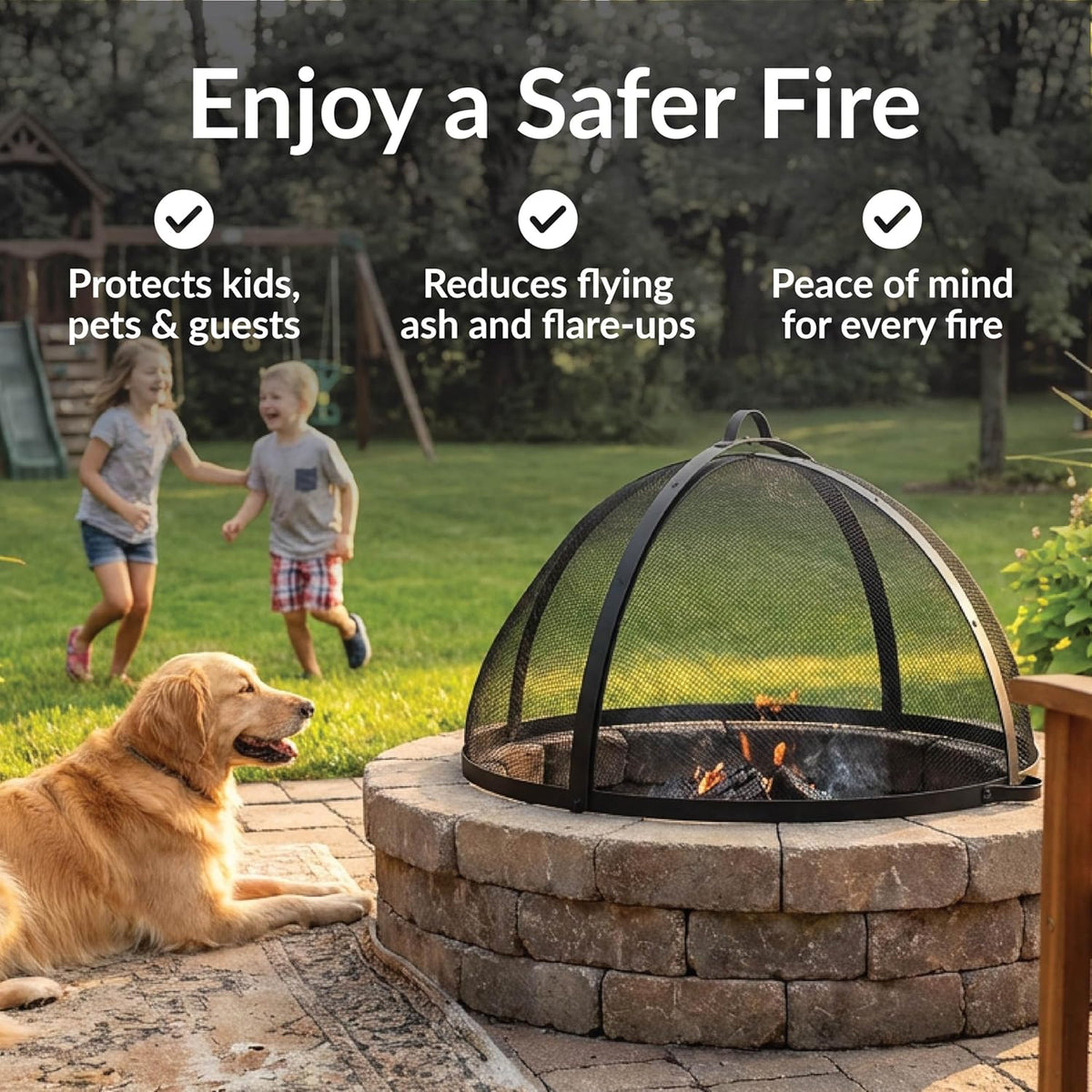 Sunnydaze Round Fire Pit Spark Screen Cover - Easy-Opening Outdoor Fire Pit Screen - Heavy‑Duty Steel Metal Mesh - 36" Diameter