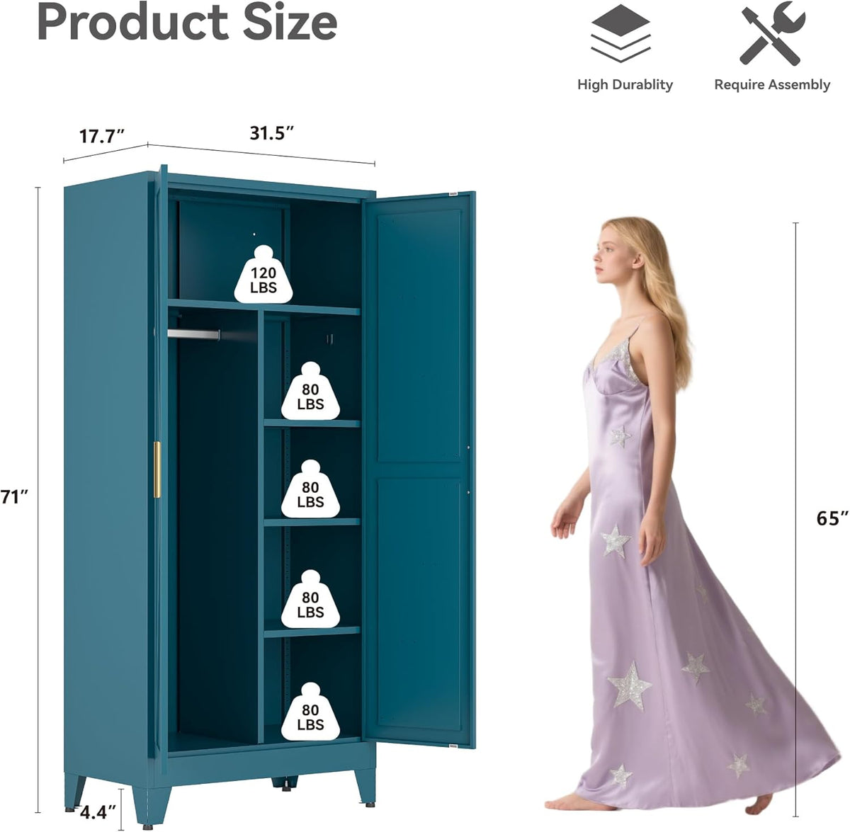 Metal Combination Cabinet, Utility Storage Cabinet with 4 Shelves, Farmhouse Pantry Closet with Doors, 71" Tall Storage Cabinets with Hanging Rod and Clothing Shelf for Bedroom Closet Laundry Mudroom